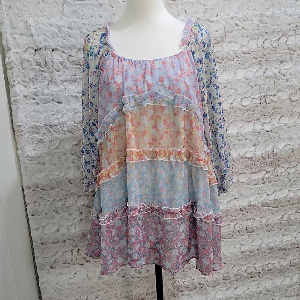 Boho Popover Patchwork Peasant  Mini Dress, Sz S Pastels, Multi Tiered Ruffles